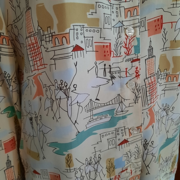 VINTAGE 90s Top Size Small Dancing Stick Figures and City Print Whimsical - Picture 3 of 9